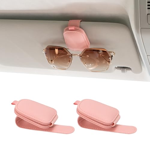 Image of Yuoyar 2 Packs Sunglasses Holders for Car Visor - Magnetic Leather Sunglasses Holder and Ticket Card Clip - Car Visor Accessories (Pink)