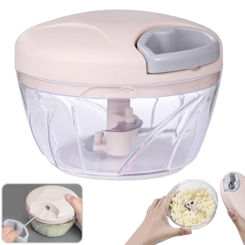 Vegetable Chopper 500ml - Multi-Function Manual Food Processor - Hand-Pull Design with Handle & Lid - Slicer, Dicer & Blender for Onion, Garlic, Peppers, Fruits, Nuts, Herbs (Pink)