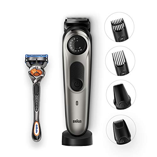 Braun Beard Trimmer & Hair Clipper, 39 Length Settings With Precision Dial, Detail Trimmer Foil Trimmer Attachment, Beard Trimmer BT7040, with Gillette ProGlide Razor, Black/Grey