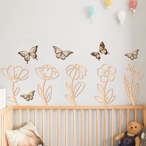 Image of 11Pcs Wooden Wildflower Nursery Decor - Nursery Wall Decor, Colorable Butterflies Sign for Wall Art Decoration, Boho Wood Flower Wall Decor for Girl Baby Bedroom Living Room, Wood Flowers Decoration