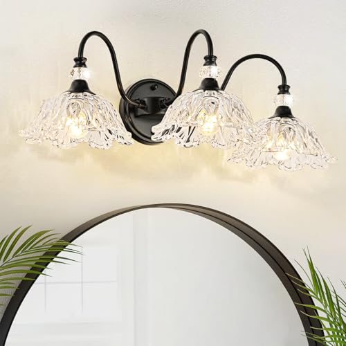 Image of Black Bathroom Vanity Light,3-Light Vanity Light with Crystal Glass Shades,Vintage Farmhouse Vanity Lighting for Bathroom and Dressing Table