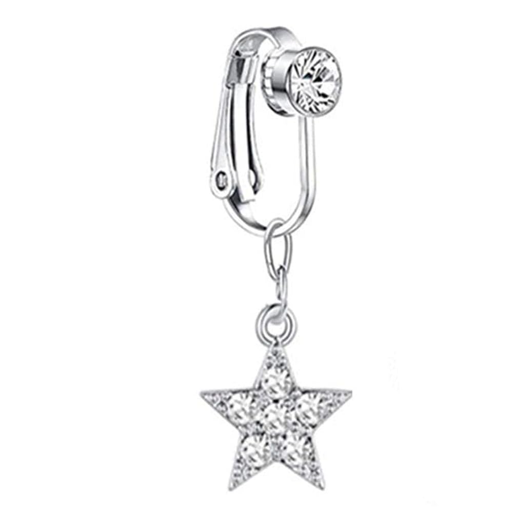 fake belly button rings clip on belly 316l stainless steel silver star shape rhinestone non piercing navel artificial belly rings for women girls