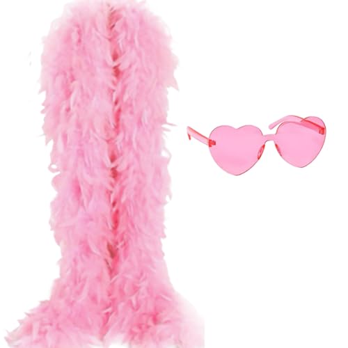 dinghaole Châle En Plumes Roses De 2 Mètres Avec Lunettes De Soleil Sans Cadre Bordure En Forme De Cœur - Châle De Fête À La Mode Pour Femmes,...