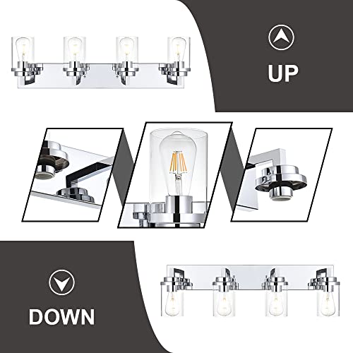 Image of MELUCEE 4-Light Bathroom Lighting, Modern Chrome Vanity Light Fixture Over Mirror, Industrial Wall Mount Light with Clear Glass Shade for Bath Kitchen Living Room