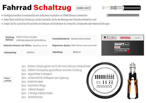 CNCLOL Fahrrad Schaltzug für Shimano/Sram,Fahrrad Schaltkabel mit Kabelschere Set-Universal Fahrrad Schaltseil 2800mm Mit Öl Schlauch 3500mm Schaltzugset für Rennrad, MTB, Citybike und andere.