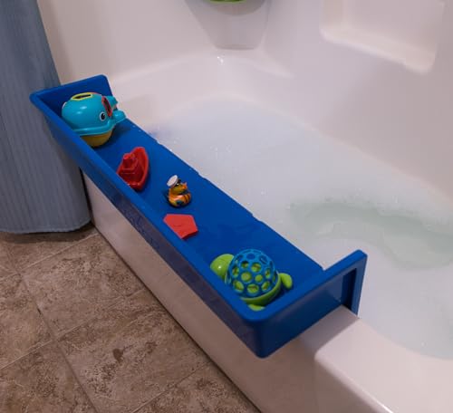 Image of Tub Topper® Bathtub Splash Guard Play Shelf Area -Toy Tray Caddy Holder Storage - Suction Cups Attach to Bath Tub - No Mess Water Spill in Bathroom - Fun for Toddlers Kids Baby (Blue)