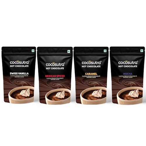 Image of COCOSUTRA Hot Chocolate Mix | Swiss Vanilla, Mexican Spiced, Caramel & Mocha | Pack of 4 (Each 100 gm) 400 g | Drinking Chocolate Powder | Enjoy hot or cold