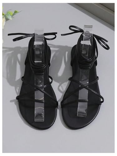 GORGLITTER Women's Lace Up Strappy Flat Sandals Wrap Tie Up Summer Gladiator Slides Shoes Black 7.5 — view 3