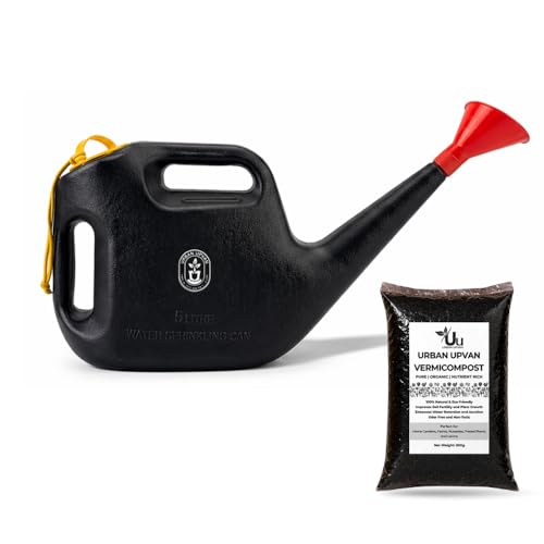 Image of Urban Upvan Watering Can 5L (Black) with 500g Vermicompost | Plastic Garden Water Can with Sprinkler Spout | Lightweight, Durable, Ergonomic Handle | Indoor Outdoor Plant Care