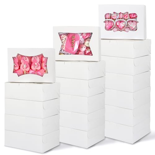 TOMNK 30pcs Cookie Boxes, 8x6x2.5 Inches 3 Style Windows Treat Boxes with Window for Treats, Chocolate Covered Strawberries, Muffins, Donuts