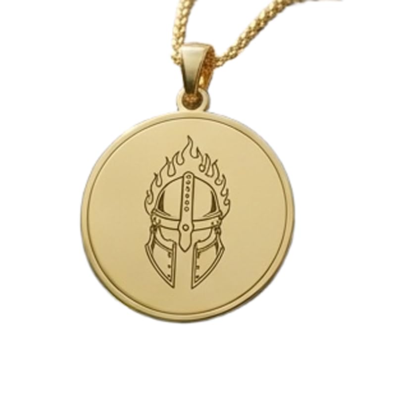Collier pendentif gravé d'un casque de guerrier enflammé argent 925 plaqué or chaîne 45 cm