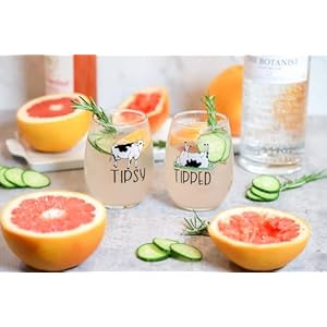 Tipsy and tipped wine glasses set of 2 stemless non rolling flat bottom 15oz tumblers with sayings cute funny cow gifts for mom girlfriend wife best friend  urban country home decor