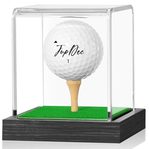 Image of JupDec Golf Ball Display Case Clear Acrylic Memorabilia Stand Cube Holder with Wood Base & Tee, Dust Protection Transparent Storage Box for Single Ball Souvenir Golfball Collections, Black, 1 Pack