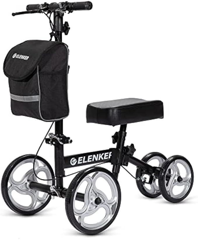 ELENKER Steerable Knee Walker with 10" Front Wheels Deluxe Medical Scooter for Foot Injuries Compact Crutches Alternative Black
