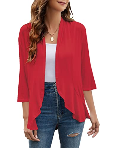 Image of Yekaty Women Cardigan 3 /4 Sleeves Open Front Lightweight Cardigan Draped Ruffles Knit Cardigan