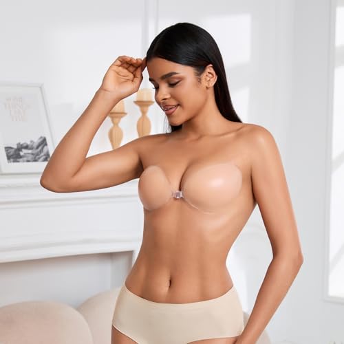 Rita Adhesive Bra Sticky Invisible Strapless Push-Up Silicone Bra for Backless Dress + Non-Adhesive Nipple Covers (Nude, B)3