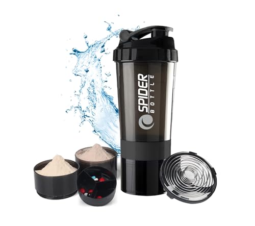 Active 100 Protein Shaker Bottle 500ml With Extra Compartment - Gym Shaker Bottle For Men & Women, Perfect For Protein Shakes & Supplements (Black)