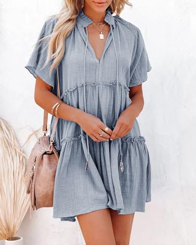Image of Dellytop Womens Drawstring V Neck Dress Ruffle Tiered Short Sleeve Babydoll Tunic Swing Sundresses