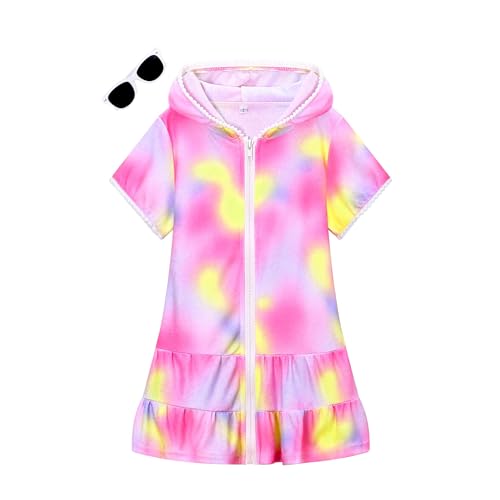 Image of Girls Swim Cover Up Kids Swimsuit Coverup Terry Zip-Up Beach Bathing Suit Wraps with Sunglasses