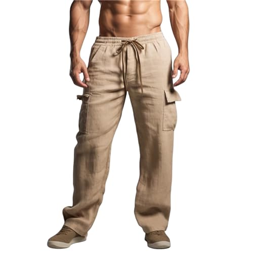 Slim Fit Linen Pants for Men Long Pants Drawstring with Pocket Straight Plain Comfortable Breathable Pants