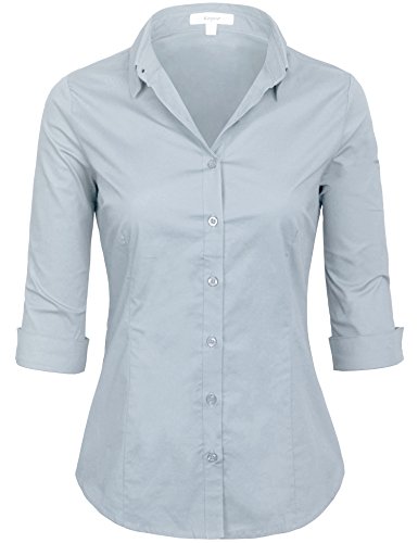 KOGMO Womens Classic Solid 3/4 Sleeve Button Down Blouse Dress Shirt (S-3X)-L-Dusty_Blue