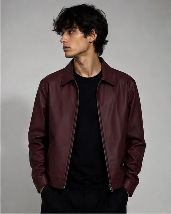 Image of Men's Burgundy Faux Leather Jacket - Classic Zip-Up Bomber Jacket with Shirt Collar, Long Sleeves & Modern Slim Fit