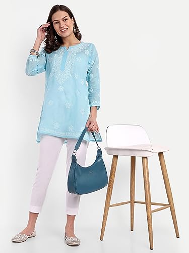 Image of Ada Hand Embroidered Lucknow Chikankari Straight Round Neck Cotton Blend Short Kurti Tunic Top for Women A911333