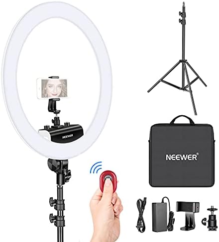 Neewer Ring Light Kit [Upgraded Version-1.8cm Ultra Slim] - 18 inches, 3200-5600K, Dimmable LED Ring Light with Light Stand, Rotatable Phone Holder, Hot Shoe Adapter for Portrait Makeup Video Shooting
