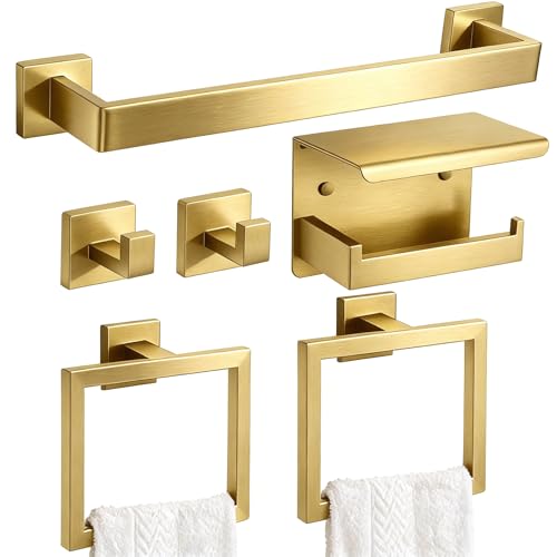 Brushed Gold Bathroom Accessories 6-Piece, Stainless Steel Luxury Bathroom Hardware Set, 16" Towel Bar, Toilet Paper Holder with Shelf, 2 Towel Rings & 2 Hooks, Wall Mounted for Bathroom Remodel