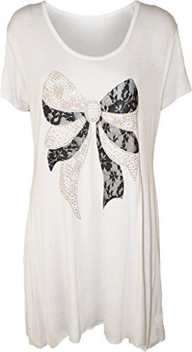 H&F Girls Women Ladies Bow Lace Plain Stretchy Asymmetric Cap Sleeve Scoop Neck Hanky Hem Flared Sequin Studded Swing Tunic T Shirt Top Plus Size 12 14 16 18 20 22 24 26 28 30 XL XXL XXXL XXXXL White