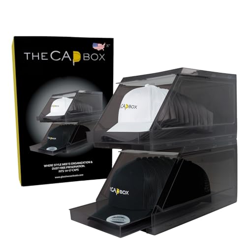 The CapBox 2.0 (2 Pack Clear) Hat Organizer for Baseball Caps, Stackable Sliding Tray Hat Rack & Hat Holder Hat Hanger Cap Storage Container 2 Yr. Warranty Anti Tilting & Tray Stop (Black Transparent)