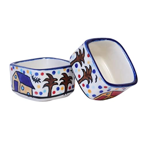 Image of Freakway Hand Painted White Ceramic Dip Bowls Set of 2, 40Ml for Serving Chutney /Pickle (HUT Multi)