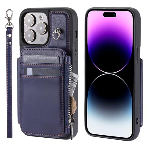 Étui portefeuille iPhone 13 Pro LVTFCO avec fente fermeture éclair bleu