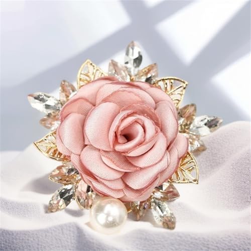 Image of Rose Brooch for Women,Dainty Satin Fabric Flower Lapel Pins Vintage Elegant Pearl Brooches Handmade Crystal Pearl Pins Silk Camellia Safety Collar Pin Dress Suit Accessories Wedding Bridal Bouquet Jewelry
