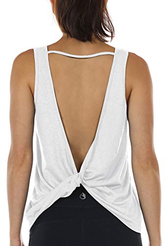 icyzone Workout Tank Tops for Women - Open Back Strappy Athletic Tanks, Yoga Tops, Gym Shirts (White, M)