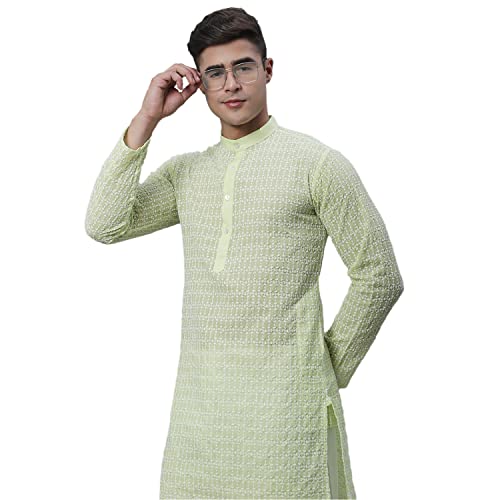 SOJANYA (Since 1958 Men's Pure Cotton Green Kurta with White Embroidery Deal