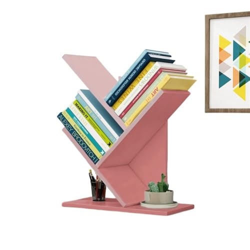 Yobuisg ブックスタンド デスク上置棚 卓上収納 ツリー型 本棚 飾り棚 ブックシェルフ 書棚 ブックラック オフィス収納ラック 木目調 省スペース ホーム/オフィス用 雑誌/新聞/書類入れ 多機能 おしゃれ (ピンク3層)