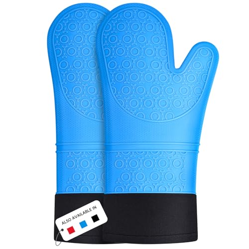 Sopito Guanti Forno Silicone, Guanti da Forno Resistente al Calore Extra Lungo Antiscivolo (Blu, 1 Paio)