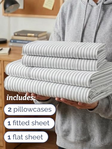 Image of Twin XL 4 Piece Sheet Set - College Dorm Room Essentials - Grey Stripes