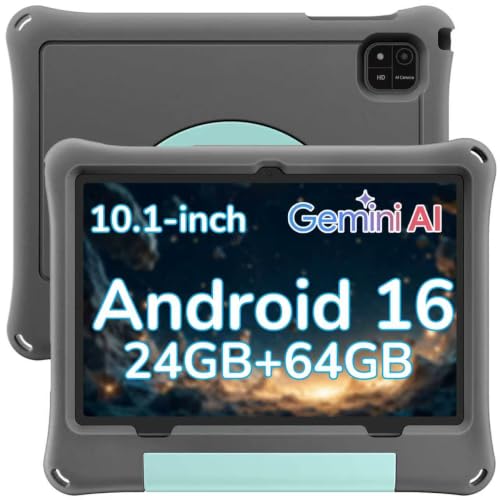 Tablet 10.1 Inch Android 16 Tablet, 24GB RAM 64GB ROM 1TB Expand, Octa‑Core Eletronic Tablet with Case, Gemini AI, Dual Camera, WiFi, HD IPS Display, BT, 6000mAh, Widevine L1, Kids Parental Control