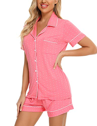Image of Anjue Womens Pajamas Set Short Sleeve Sleepwear Button Down Nightwear Shorts Soft Pj Sets S-XXL