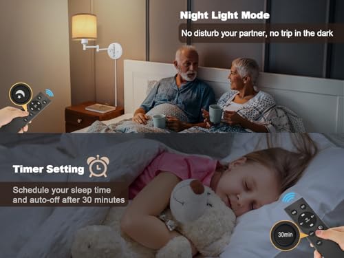 Image of GOODATE Plug in Wall Sconces with Remote Control, Dimming, Adjustable Colors 2700K-6500K, Hardwire or Plug-in, Swing Arm Wall Lamp with Linen Fabric Shade, Wall Sconces Set of Two, White Finish