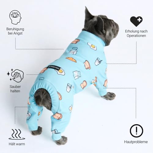 Spark Paws Hundepyjama, ultraweich und 4-Wege-Stretch, Erholungsanzug nach Operation, Schlafanzug Onesie für Kleine, Mittlere und Große Hunde - Breakfast Blue - 3XL