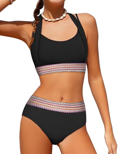 Girls Swimsuit 2 Piece Color Block Halterneck Bikini Sets with Adjustable Straps High Waist Girls Bathing Suits 9-16Y