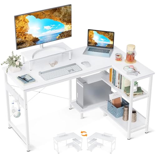ODK L Shaped Computer Desk with Reversible Storage Shelves, 118 * 80 * 86.4cm, Corner Desk with Monitor Stand&Headphone Hook, Home Office Desk, Modern Simple Writing Table, White