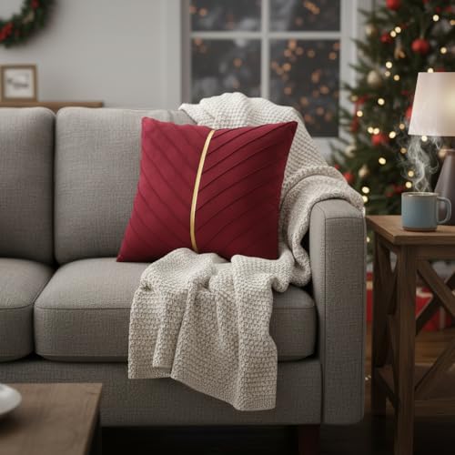 Image of Red Velvet Pillow Covers 18x18 inch Pack of 2 Gold Decor