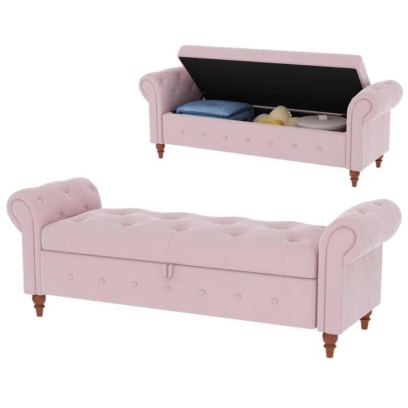 Image of LEGACY OF COMFORT F4 Velvet Upholstered Storage Bench Sofa Bench Sofa couches Rolled Arm Window Bench Ottoman Bench 2 Seater Sofa Chaise Lounger or Living Room Bedroom Office (Pink Velvet)