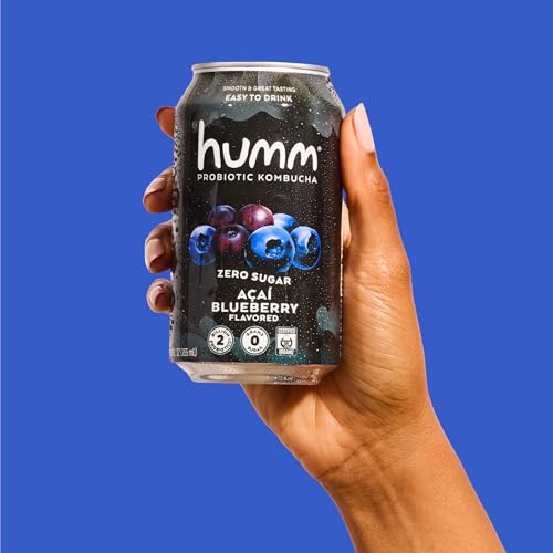 Humm Probiotic Kombucha Zero Sugar Acai Blueberry, No Refrigeration Needed, Keto Friendly, Organic, Vegan, Gluten Free, 12oz Cans (8 Pack)
