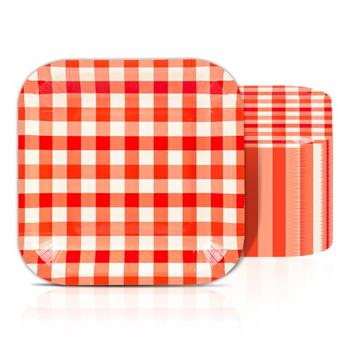 Lot de 50 assiettes en carton rayées jetables rouges de 17,8 cm pour dîner, dessert, fête, anniversaire, mariage, mariée, fête prénatale