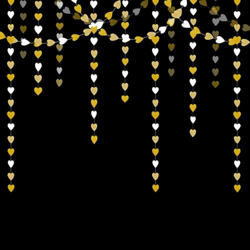 Image of White-Gold Champagne Party-Decorations Graduation Heart Garland Streamers - 39Ft Bachelorette Engagement Hanging Paper Banner, Bridal Baby Shower Wedding Birthday Decor Party Supplies
